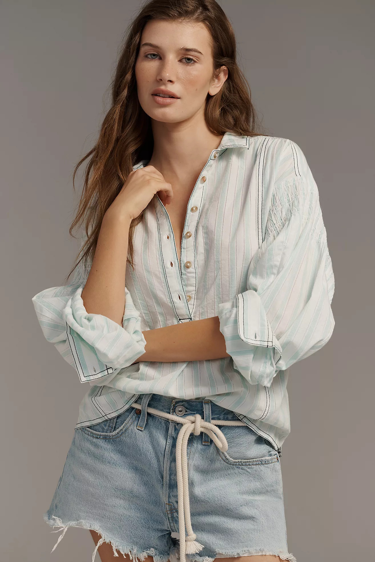 Pilcro Cotton Relaxed Henley Buttondown Shirt | Anthropologie (US)