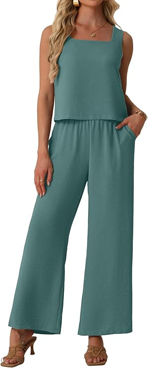 Lepunuo Women Summer 2 Piece Sets Square Neck Sleeveless Crop Tops Wide Leg Pants Matching Sets T... | Amazon (US)