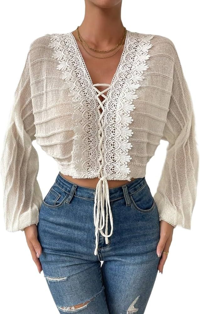 Women's 2023 Summer and Autumn Casual Open-Front Frenchy Lace Up Front Batwing Sleeve Crop Cardig... | Amazon (US)