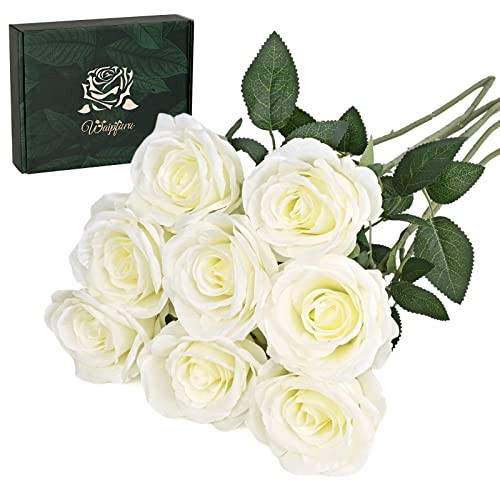 Waipfaru 8 Pcs Fake White Roses Artificial Flowers Bulk, Real Touch Silk Faux Roses with Long Stems for Wedding Bouquet Vase Flower Arrangement Table Centerpieces Home Decor (White) | Amazon (US)