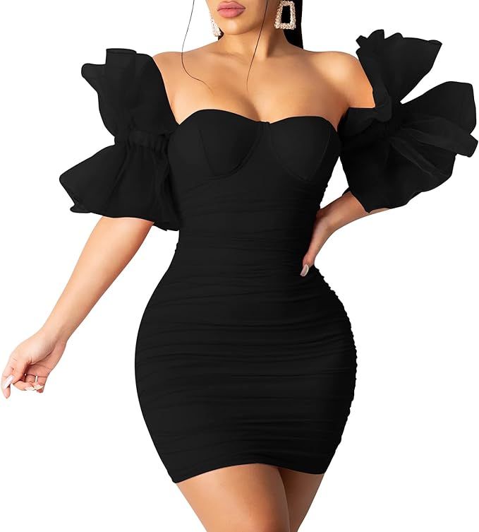 Amazon.com: hibshaby Women Sexy Bodycon Dress Puff Sleeve Cocktail Evening Party Elegant Mini Dre... | Amazon (US)