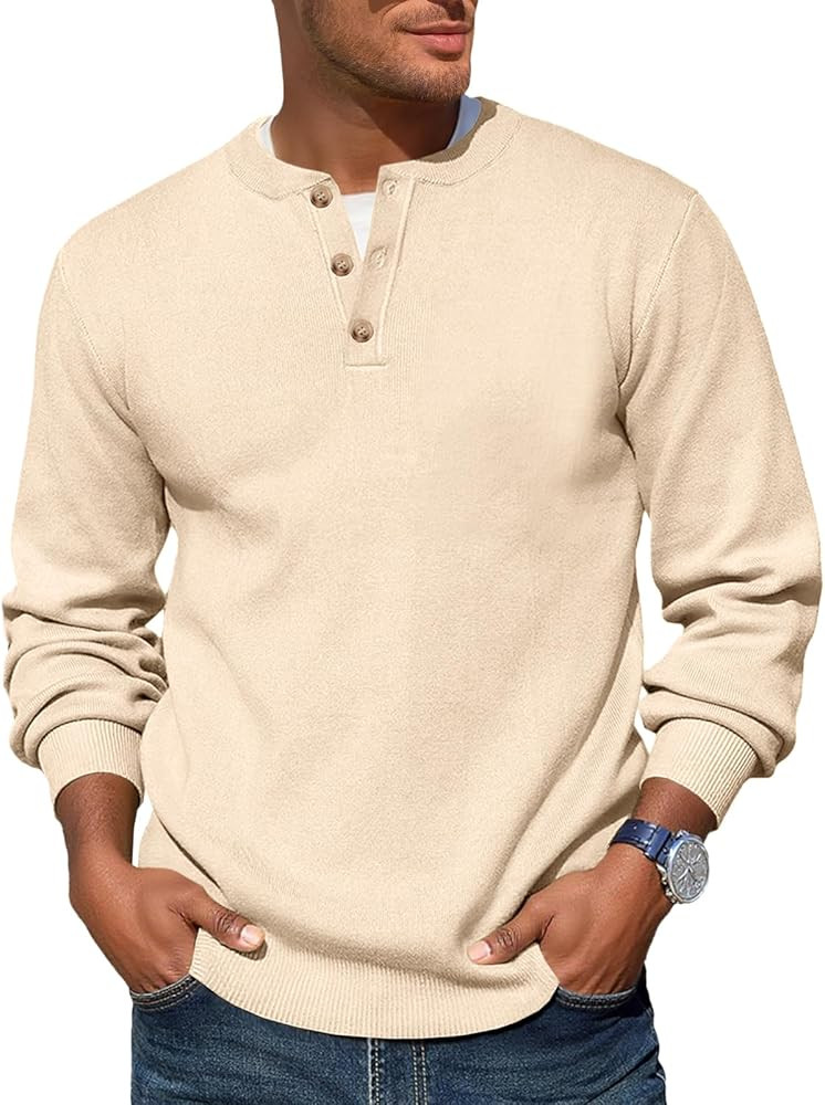 Runcati Mens Henley Knit Sweater Long Sleeve Quarter Button Pullover Sweaters Casual Fall Tops | Amazon (US)