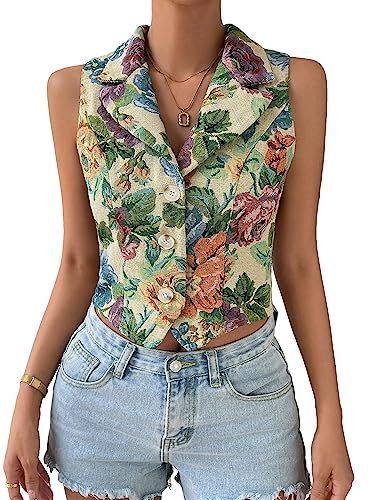 WDIRARA Women's Floral Print Lapel Neck Button Front Sleeveless Casual Crop Vest Blazer Multicolo... | Amazon (US)