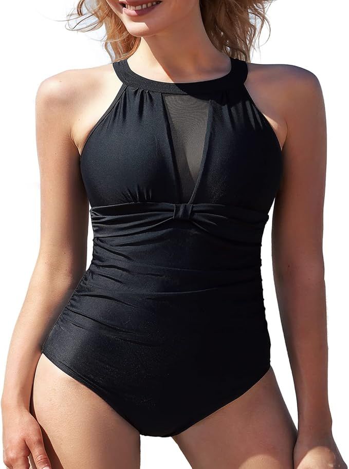 I2CRAZY Womens One Piece Swimsuits Mesh V Neck Monokini Bathing Suits Tummy Control Swimwear | Amazon (US)