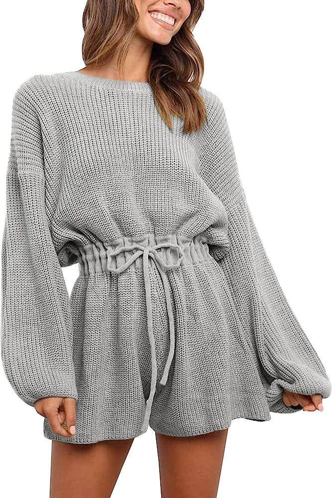 Quenteen Women's Loose Fit Knit Playsuit Sweater Elastic Waist Long Lantern Sleeve Sweater Jumpsu... | Amazon (US)