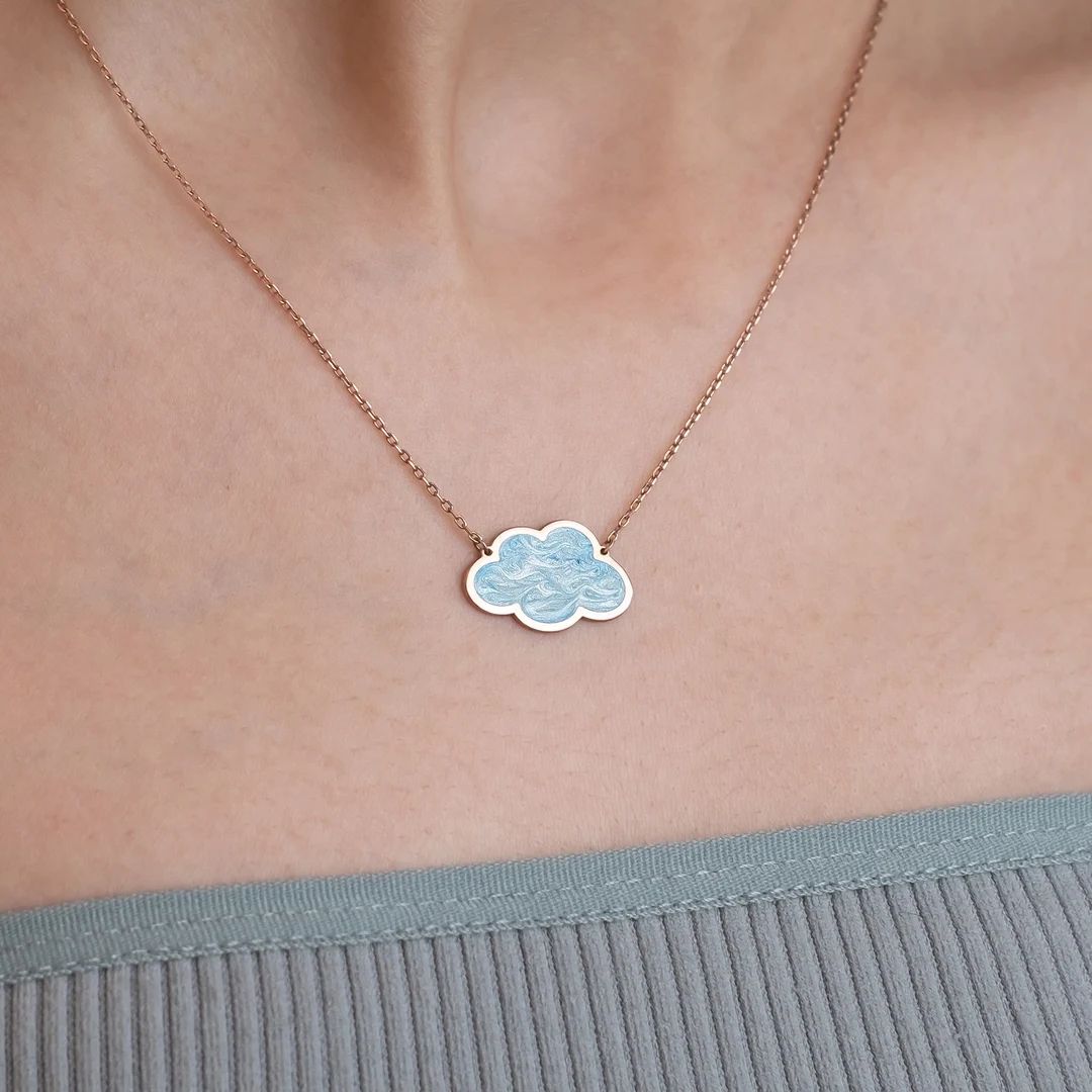 Blue Enamel Cloud Pendant, 14K Solid Gold Necklace, Blue Cloud Necklace, Summer Necklace, Gift Fo... | Etsy (US)