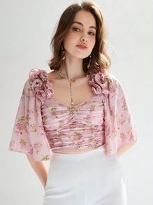 SHEIN ENCHNT Romantic And Exquisite Top With 3D Floral Decoration, Flutter Sleeves And Ruched Bus... | SHEIN