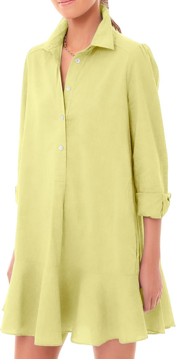 Women‘s Tunic Shirt Mini Dress Long Sleeve Cotton Short Dress Button Up Ruffle Hem Shift Dresse... | Amazon (US)