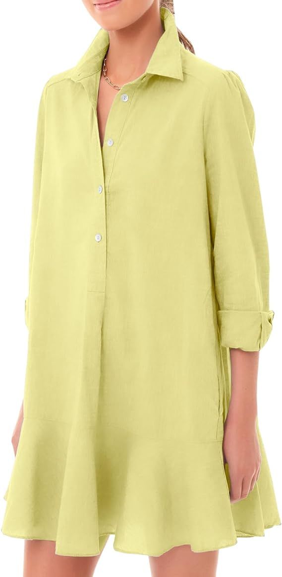 Women‘s Tunic Shirt Mini Dress Long Sleeve Cotton Short Dress Button Up Ruffle Hem Shift Dresse... | Amazon (US)
