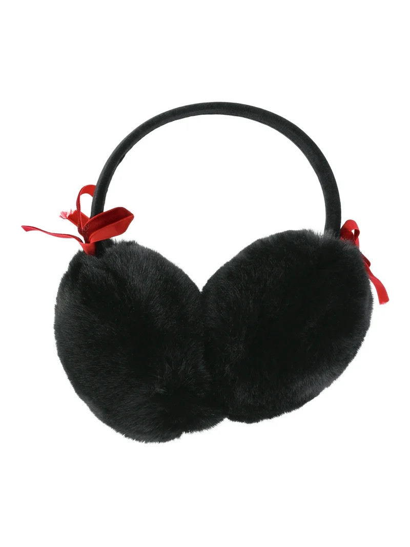 No Boundaries Faux Fur Ear Muffs with Velvet Band and Bows, Black, Women's | Walmart (US)