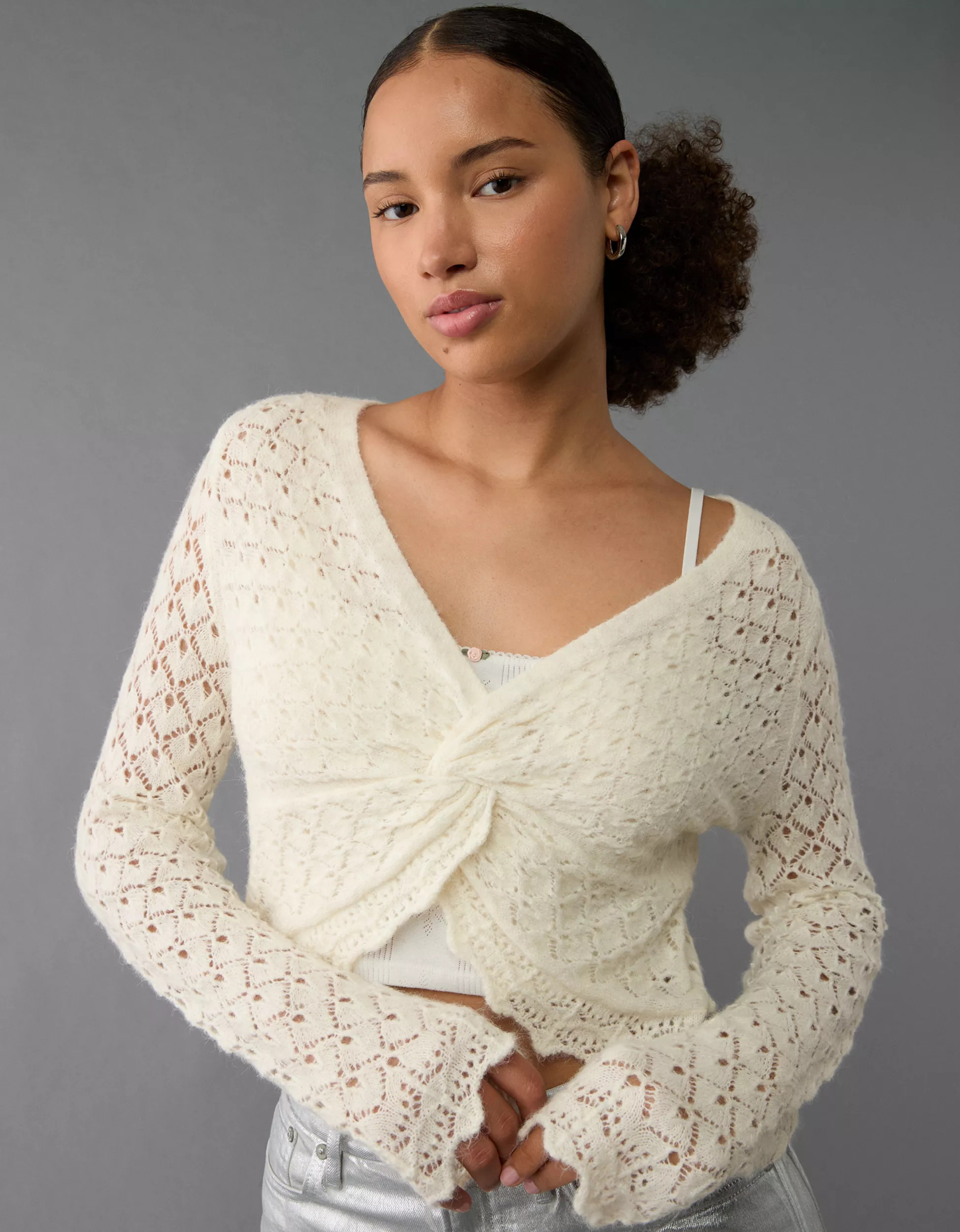 AE Pointelle Twist-Front Cropped Sweater | American Eagle Outfitters (US & CA)