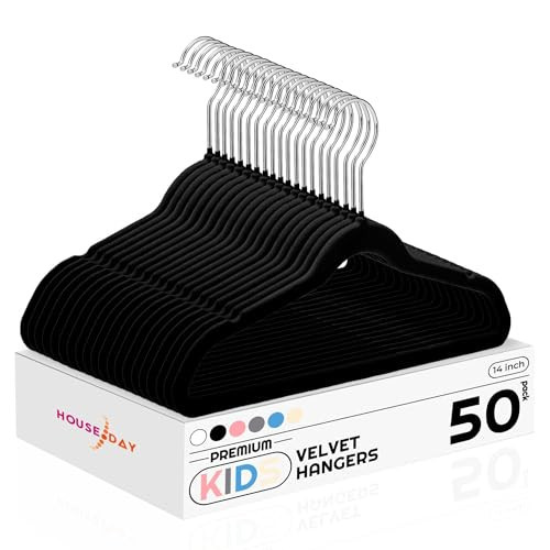 HOUSE DAY 14 Inch Kids Velvet Hangers 50 Pack, Durable Big Kid Hangers for Youth, Teen, Non Slip Kids Felt Hanger, Cute Childrens Hanger for Closet, Black | Amazon (US)