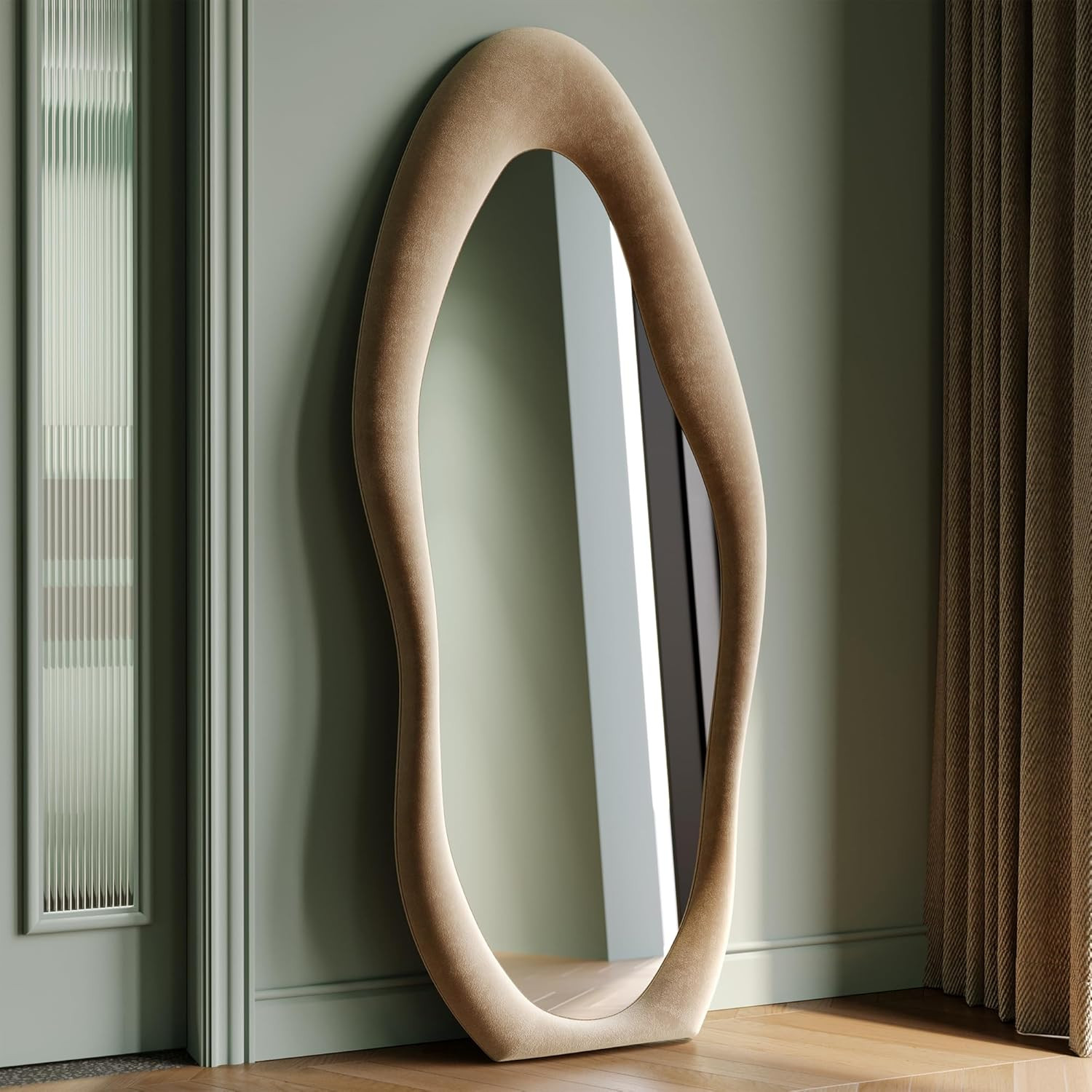 Full Length Mirror, 63" x 24" Wall Mirror, Flannel Wrapped Wooden Frame Floor Mirror, Irregular Wavy Mirror Hanging or Leaning Against Wall for Cloakroom/Bedroom/Living Room, Milk Tea | Amazon (US)