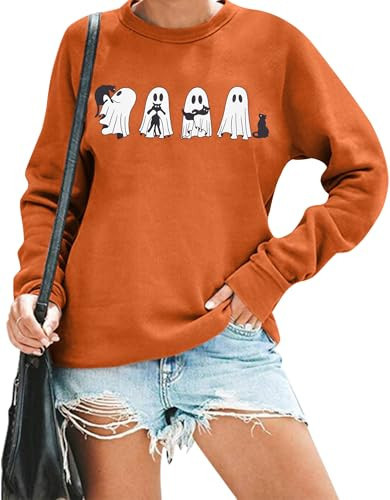 MNLYBABY Halloween Cat Sweatshirt Women Ghost Shirts Cute Cat Shirt Spooky Season Pullover Casual Long Sleeve Horror Tops Orange | Amazon (US)