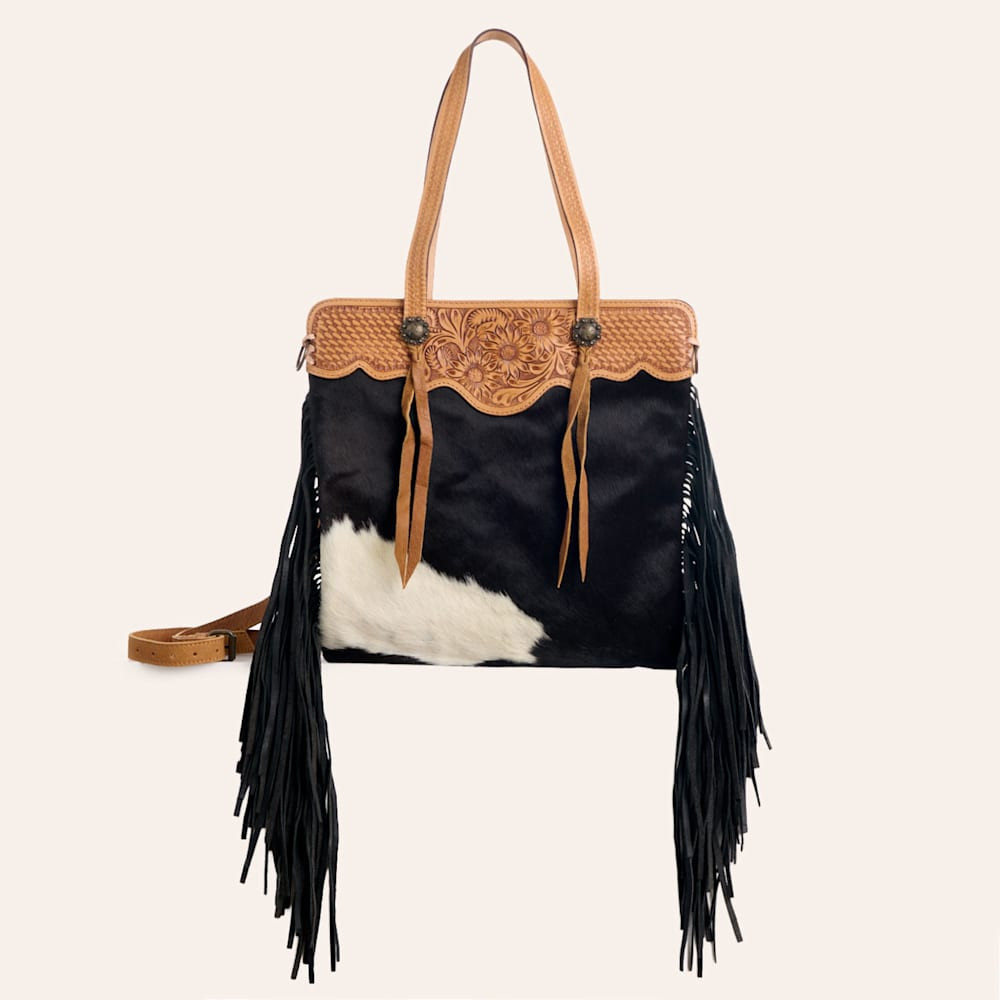 American Darling Black & White Hair-On Fringe & Tooled Leather Handle Crossbody Bag | Cavender's