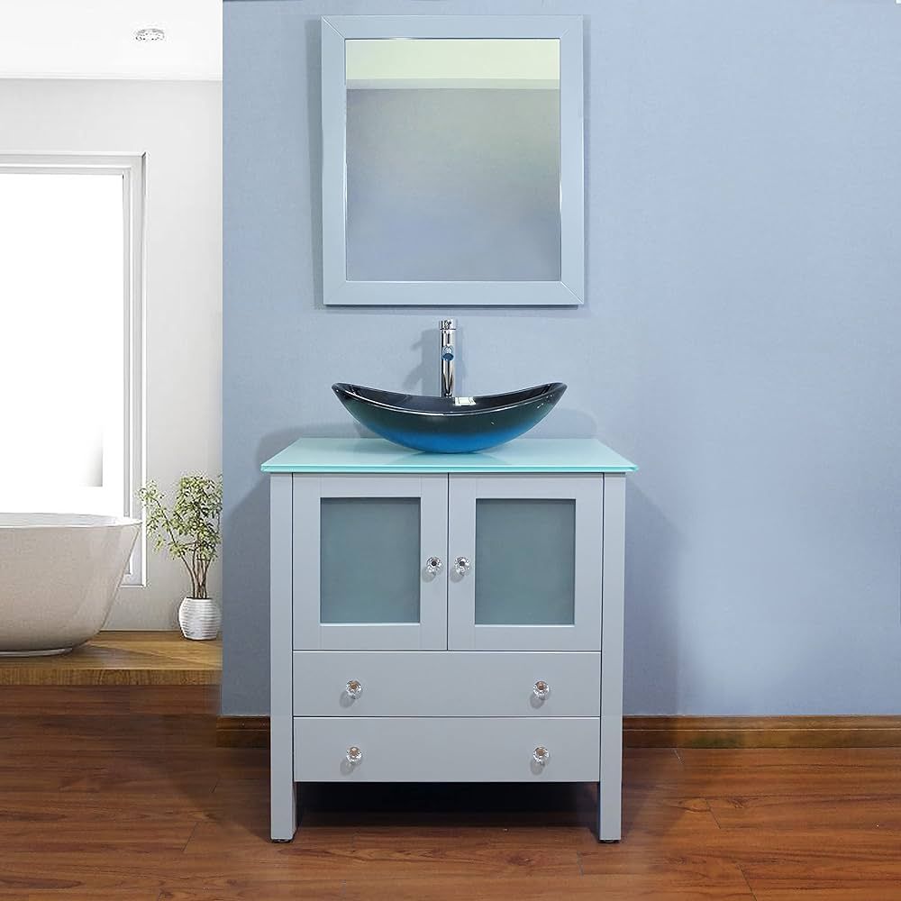 Amazon.com: QIERAO 30" Freestanding Wooden Modern Bathroom Vanity Vessel Sink Set Bathroom Mirror... | Amazon (US)