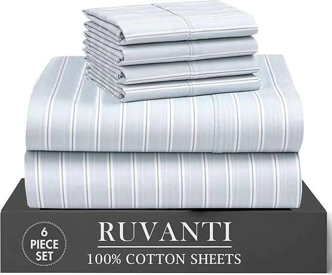 RUVANTI 100% Cotton Percale Sheets King Size, Horizon Stripes | Cooling Bed Sheets for Hot Sleepe... | Amazon (US)