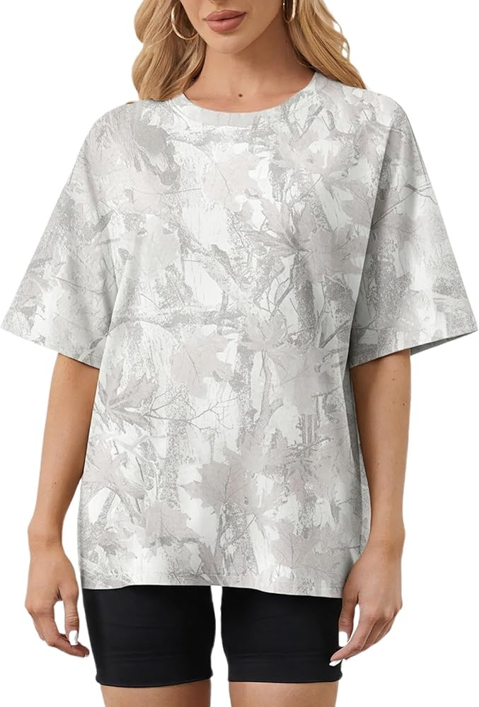 Camo Shirt for Women Maple Leaf Print Short Sleeve Crewneck T-Shirts Summer Oversized Tee Shirts ... | Amazon (US)