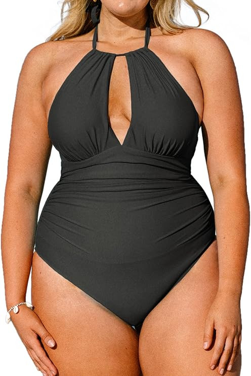 CUPSHE Plus Size One Piece Swimsuit for Women Swimwear Halter Two Piece Straps Ruched Hollow Out | Amazon (US)