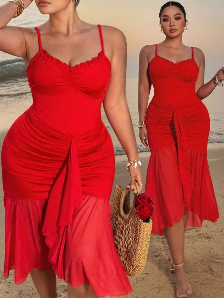 Sunnyshic Plus Size Solid Color Ruched Front Mid Ruched Mesh Slip Dress | SHEIN