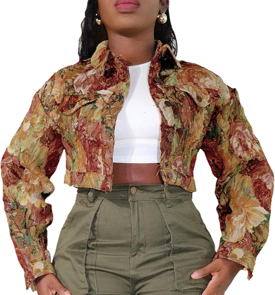 Cropped Jacket Women Cute Y2K Bomber Floral Jacquard Long Sleeve Button Down Crop Varsity Jacket ... | Amazon (US)
