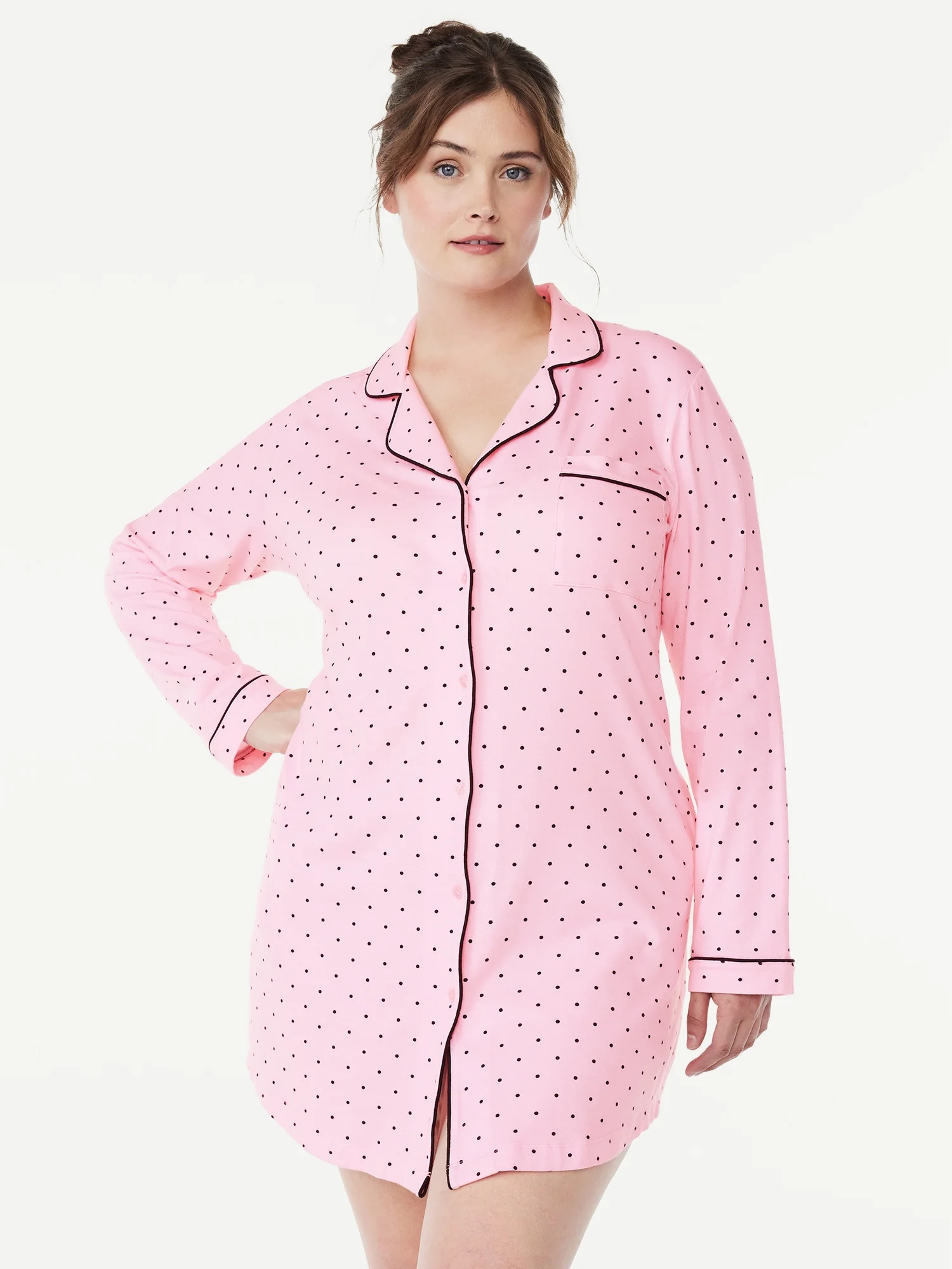 Joyspun Women’s Cotton Blend Long Sleeve Notch Collar Sleepshirt, Sizes S to 4X | Walmart (US)