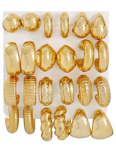 Amazon.com: ILGANT 12 Pairs Chunky Gold Hoop Earrings Set for Women Trendy Lightweight Gold Plate... | Amazon (US)