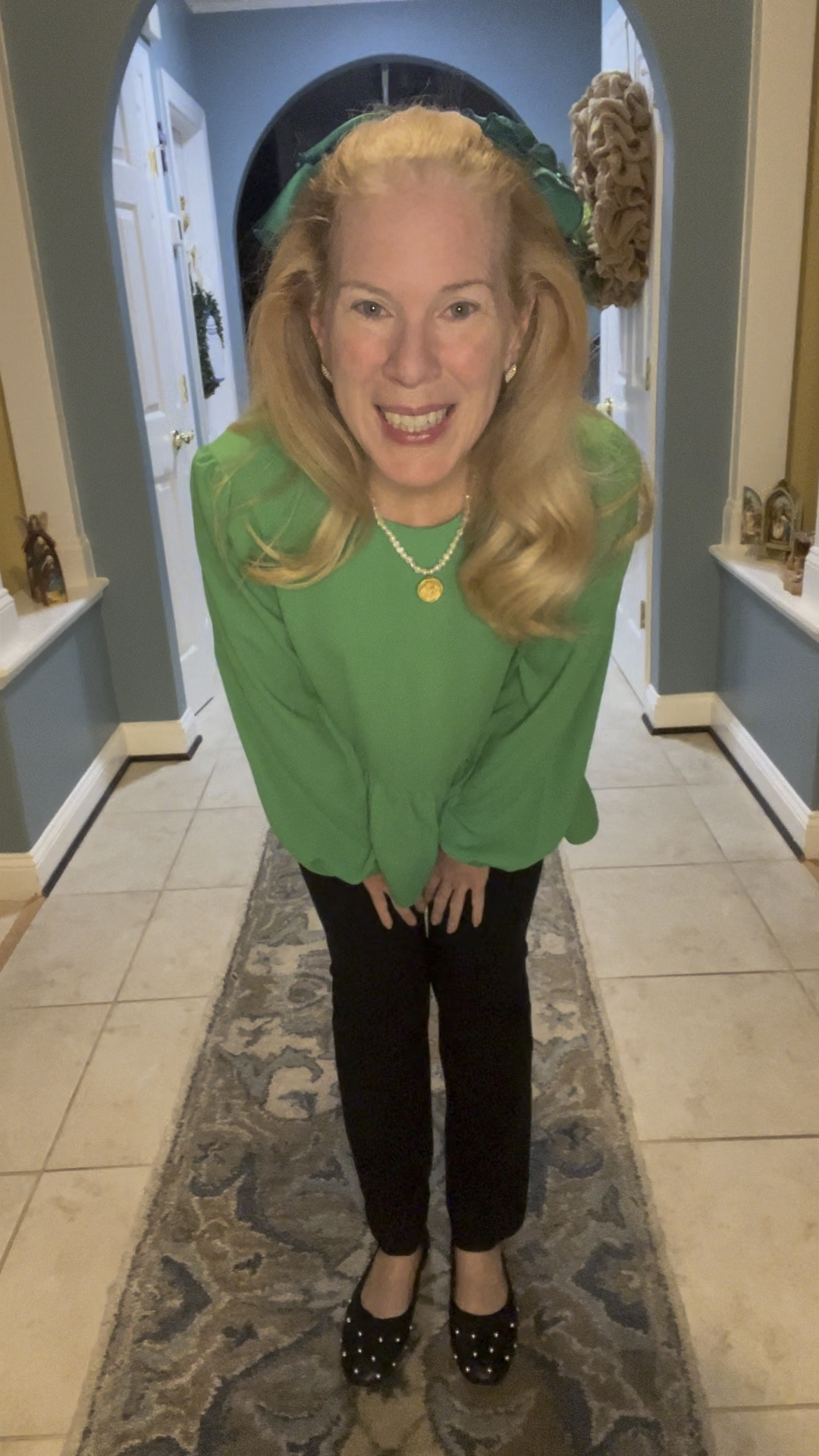 Green for the season.
.
This top is the perfect shade of green. It works beautifully for Christmas, and equally well for St. Patrick’s Day. 
.
The luxurious crêpe fabric is very wrinkle resistant, making it a perfect choice for travel.
.
The fit is slightly oversized, with a slightly longer hem in the back .
.
I’m pairing it with my favorite black pants that don’t stretch out in the knees, and some of my favorites in the rotation, like the pearl stud, black flats, and bee motif pearl necklace .
.
#tuckernucking #styleover50 #ltkpetite

#LTKover40 #LTKsalealert #LTKSeasonal