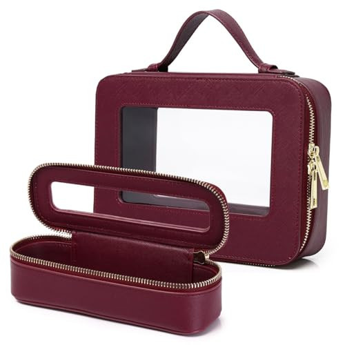 Pinkmik Travel Clear Makeup Bag with Brush Bag Portable Cosmetic Bag Case Transparent Toiletry Bag Cosmetic Organizer Storage Bag for Women (X/Burgundy, L+SLIM) | Amazon (US)