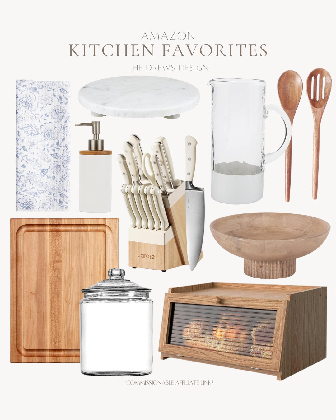 Amazon kitchen favorites include bread box, glass jars, fruit bowl, knife set, wooden spoons, pitcher, kitchen towel, tray, soap dispenser.

Looks for less, kitchen finds

#LTKfoodie #LTKHome #LTKSeasonal