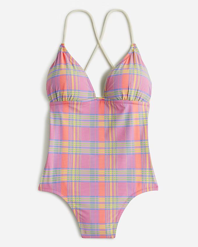 Strappy cross-back one-piece swimsuit in sunset plaid | J.Crew US