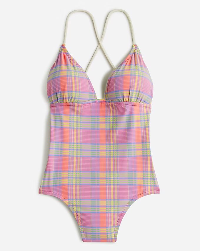Strappy cross-back one-piece swimsuit in sunset plaid | J.Crew US
