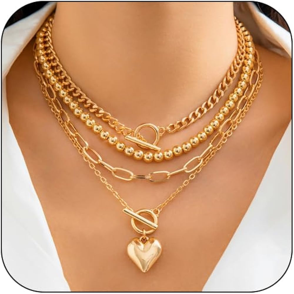 Layered Choker Necklace for Women Heart Pendant Stack Layered Cuban Paperclip Snake Chain Necklac... | Amazon (US)