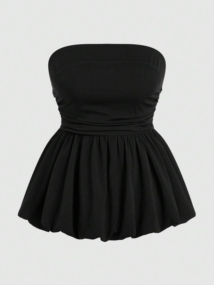 Sweetra Plus Size Strapless Ruffled Hem Fitted Top, For Spring & Summer Vacation | SHEIN