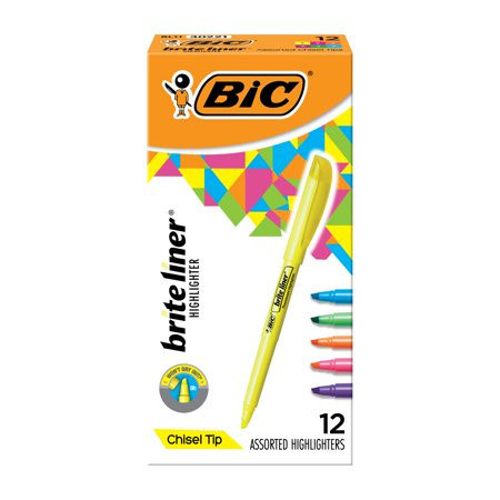 BIC Brite Liner Highlighters, Assorted Colors, Chisel Tip, 12-Count Pack | Walmart (US)