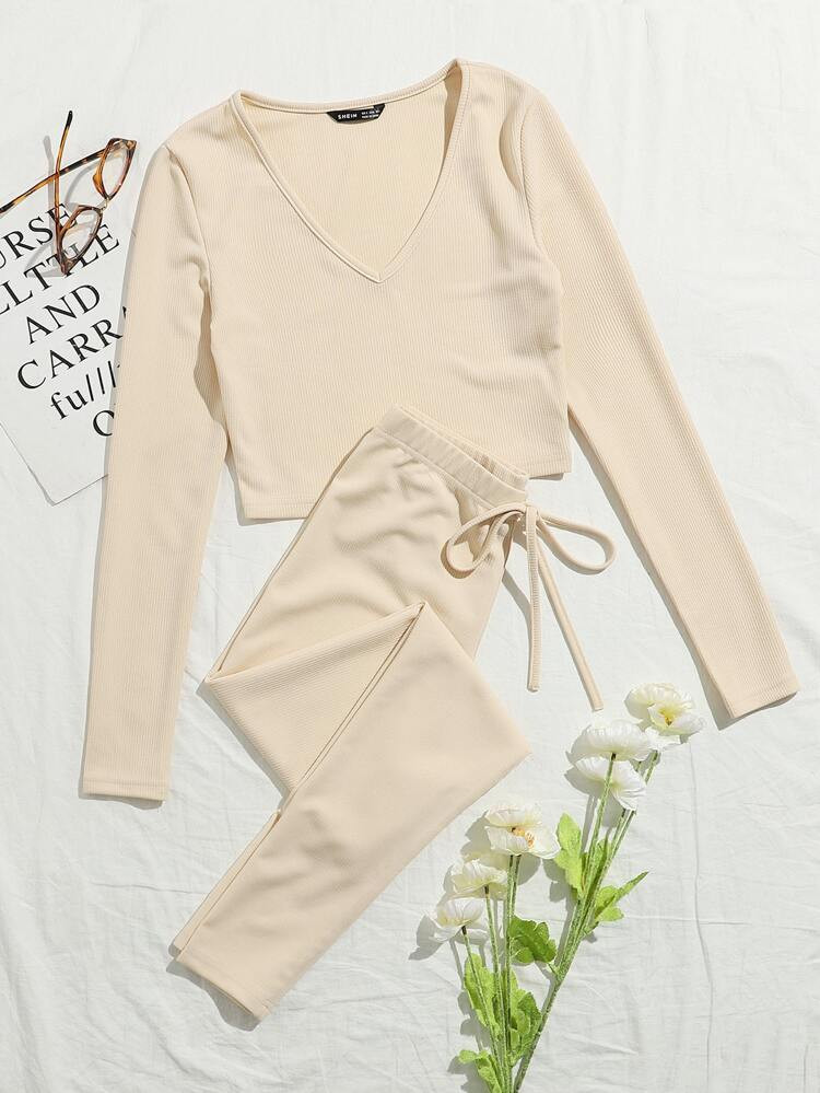 SHEIN EZwear V-neck Rib-knit Solid Tee and Knotted Waist Leggings Set | SHEIN