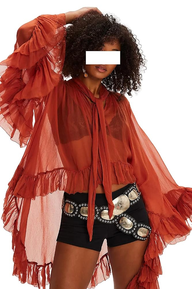 Seyumixi Women Long Bell Sleeve Frill Top See Through Sheer Mesh Blouse High Low Hem Ruffled Sexy... | Amazon (US)