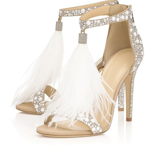 Hinyyrin Women's Tassels Rhinestone Heeled Sandals Wedding Dress White Sandals Stiletto Heel Pearl Size 9 | Amazon (US)