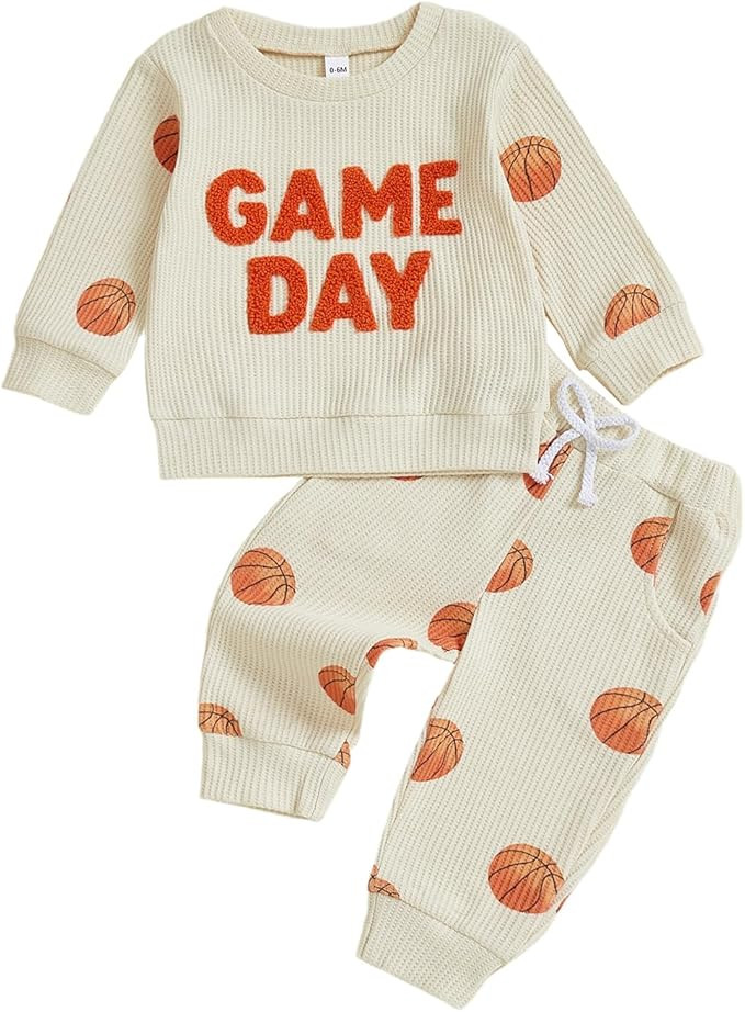 Baby Boy Football Outfit Toddler Waffle Knit Fall Clothes Long Sleeve Sweatshirt Pullover Jogger ... | Amazon (US)