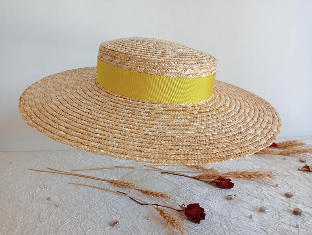 Natural Straw Boater Hat for Women, Proven\u00e7al Wedding Hat, Wide Brim Summer Hat, Straw Boate... | Etsy (Global)