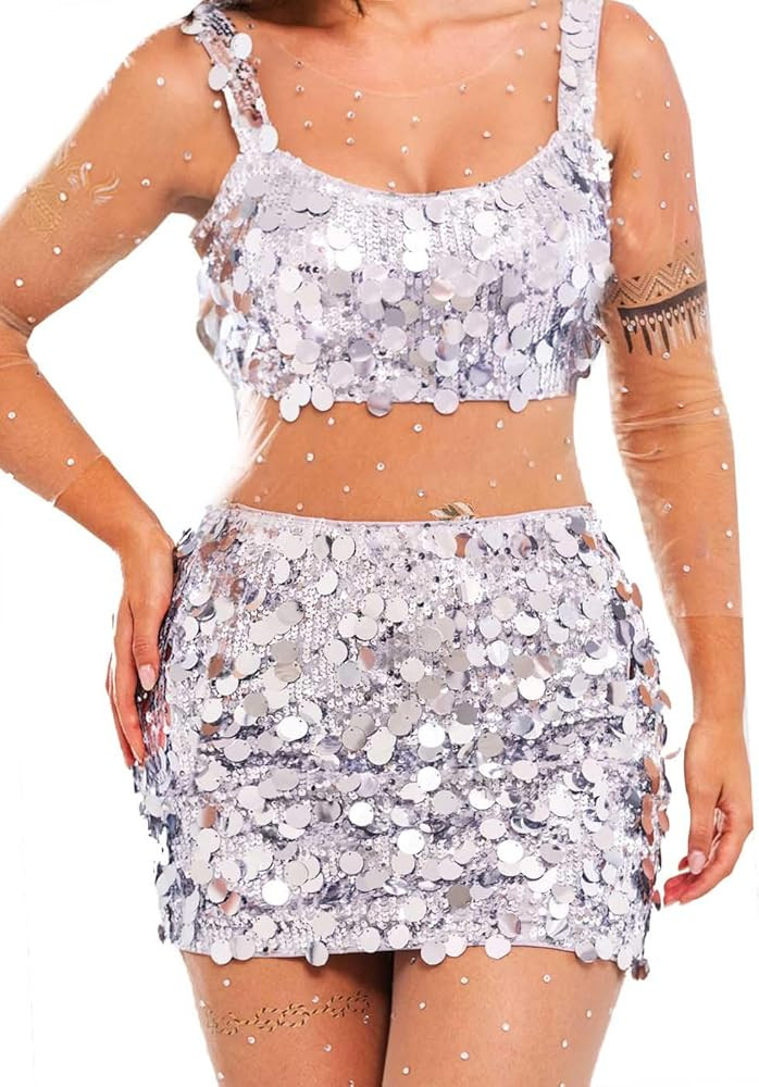 TWINKLEDE Sequin Top and Skirt Set Silver Dots Tank Tops Mini Skirts Sparkly Night Out Party Outf... | Amazon (US)