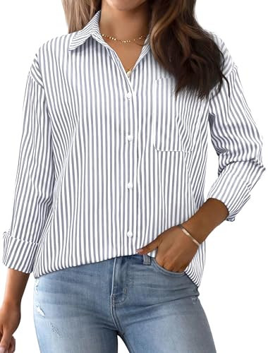 AISEW Womens Striped Button Down Shirts Oversized Long Sleeve Collared Office Work Blouses Tops with Pocket (Striped Gray, 7002XS) | Amazon (US)