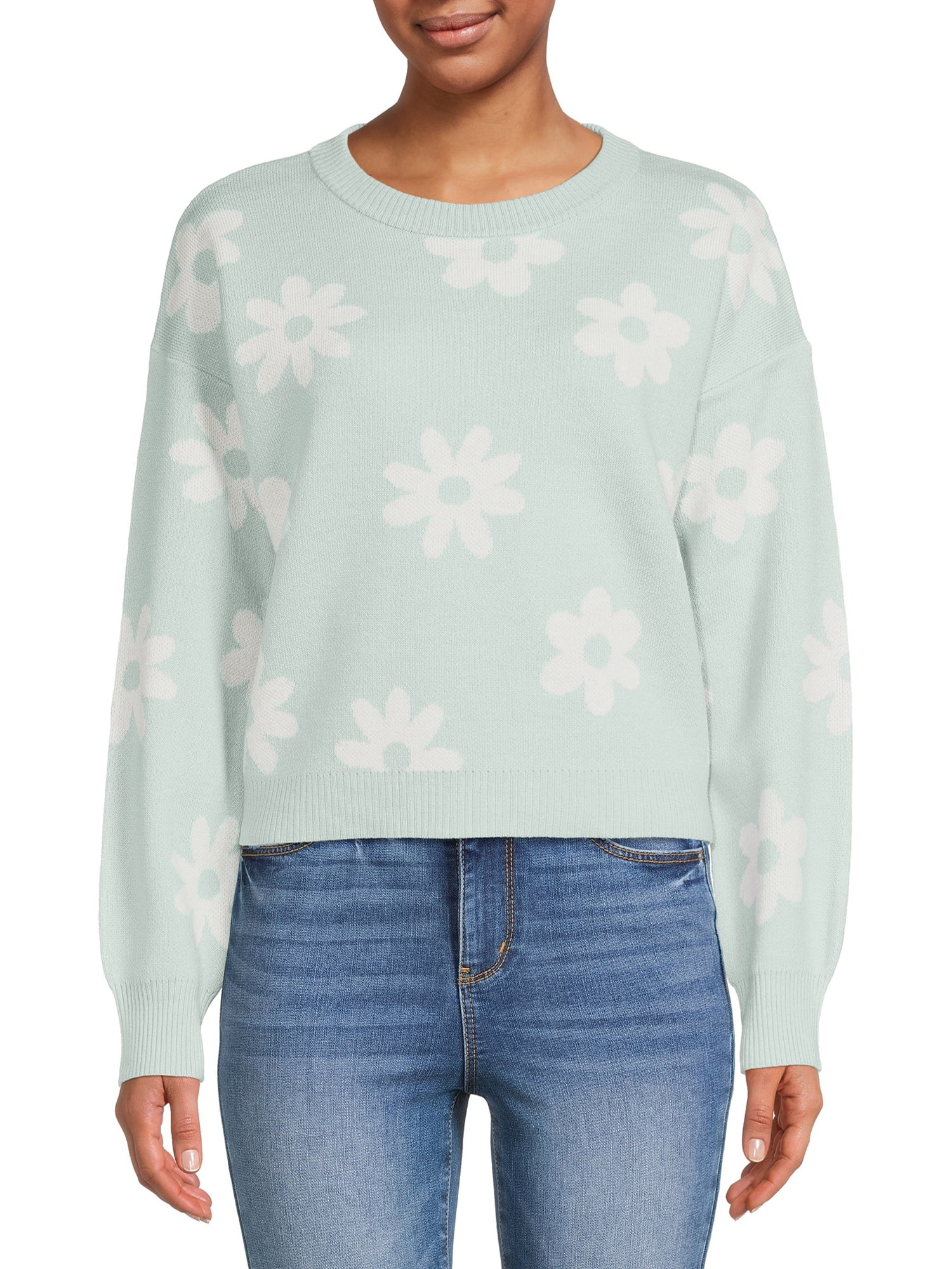 No Boundaries Junior's Cropped Flower Sweater, Midweight - Walmart.com | Walmart (US)