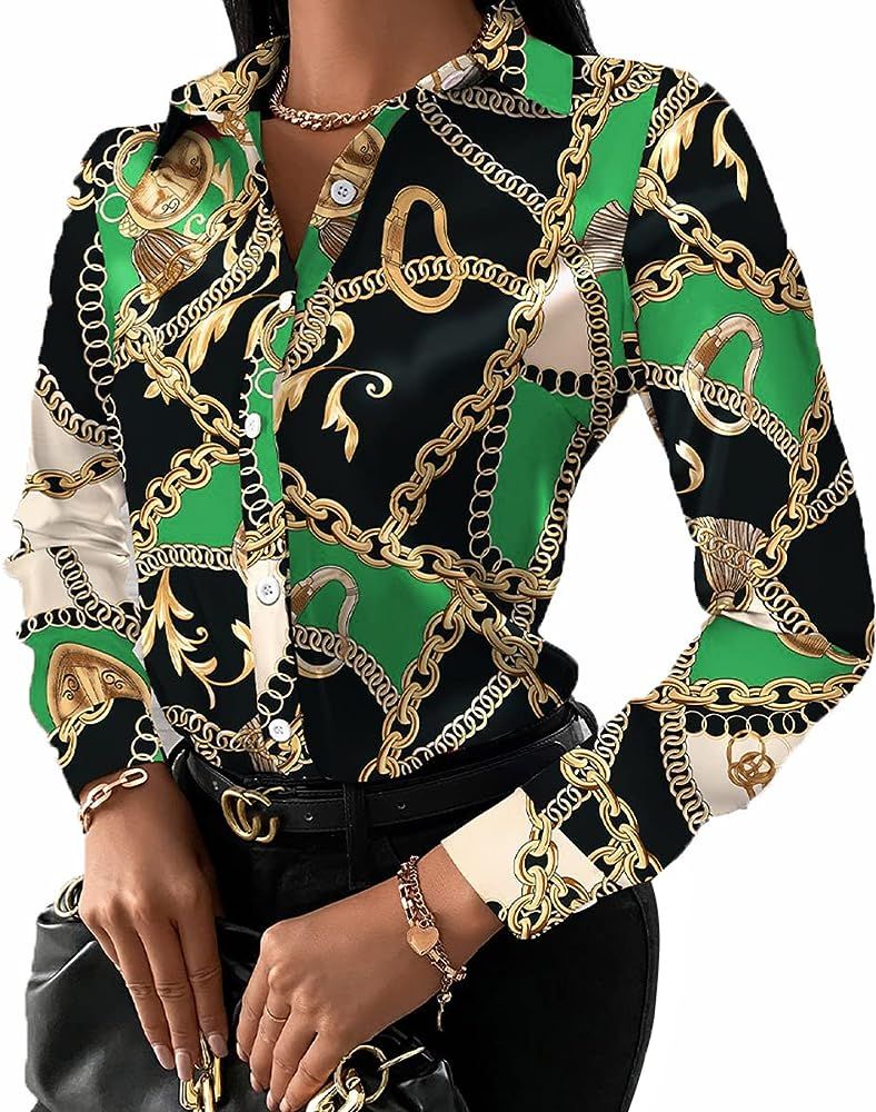 Blouses & Button-Down Shirts Long Sleeves Colorful Dressy Tops Floral Print Casual Loose Collar Sexy | Amazon (US)