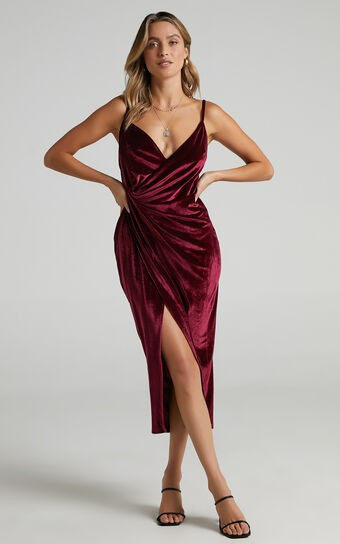 Loving Blind Midi Dress - Draped Thigh Split Dress in Wine Velvet | Showpo (US, UK & Europe)