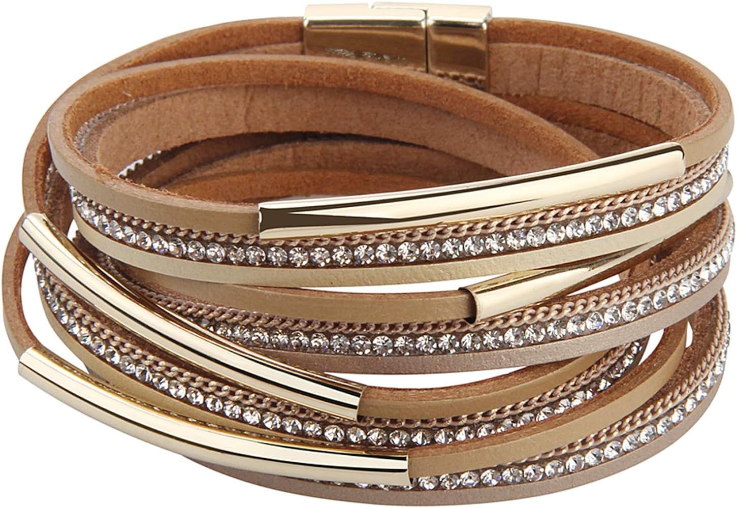 TASBERN Leopard Print Leather Wrap Bracelet in Multilayer Strands Leahter Cuff Bracelets for Women M | Amazon (US)