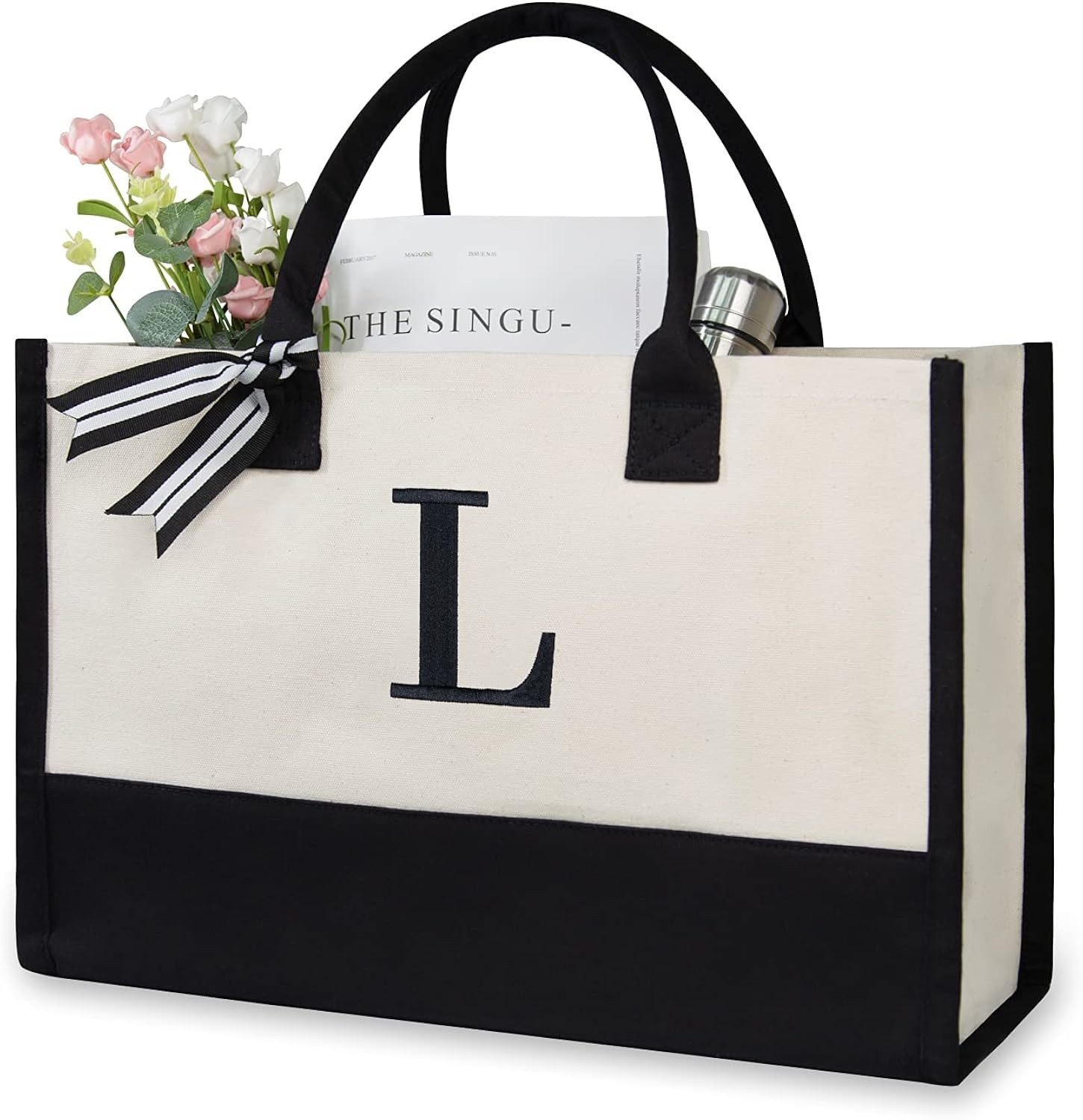 Personalized Initial Canvas Beach Bag, Monogrammed Gift Tote Bag for Women | Amazon (US)