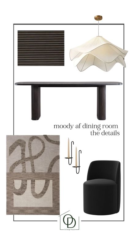 Moody dining room design with a brown and cream rug, black dining table, modern black velvet dining chairs, wavy linen pendant light, candle sconces and fluted wood wall boards. 

Modern Mediterranean home, home decor, home design, moody vibes, moody spaces

#LTKstyletip #LTKsalealert #LTKhome