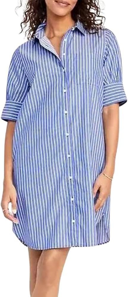 utcoco Women Striped Short Sleeve Shirt Dress Casual Loose Fit Button Down Mini Dress with Pocket... | Amazon (US)