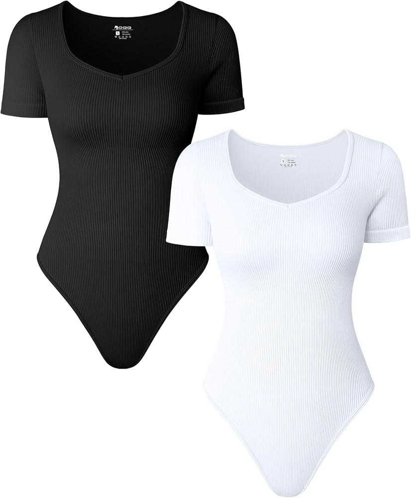 OQQ Women 2 Piece Bodysuits Sexy Ribbed Heart Neck Short Sleeve Stretch Tank Tops Bodysuits | Amazon (US)